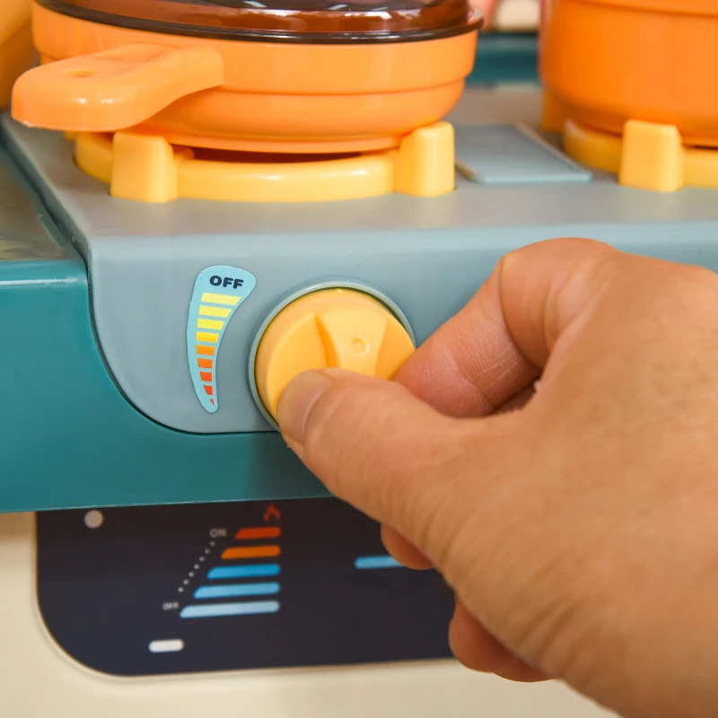 HOMCOM Cuisine pour Enfant - dinette - Jeu d'imitation Complet 113 Accessoires variés - Fonctions sonores et Lumineuses - PP ABS Beige Turquoise