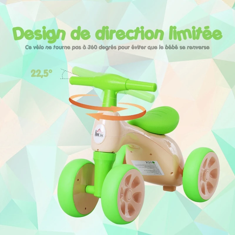 HOMCOM Draisienne vélo enfant 4 roues selle guidon ergonomique antidérapant coffre rangement effet sonore plastique beige vert
