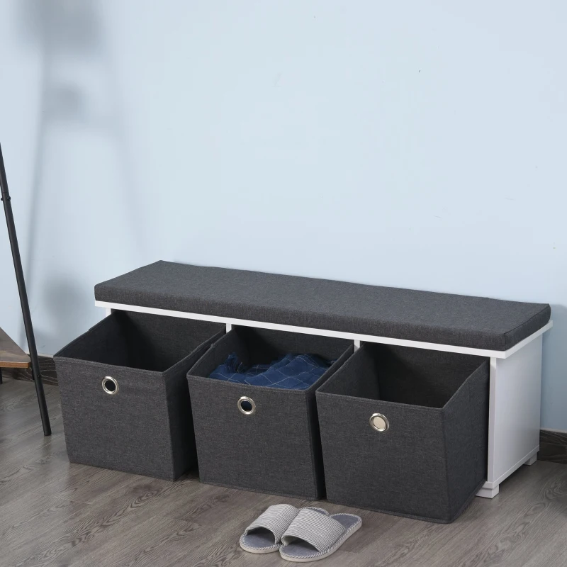 HOMCOM Banc de rangement à chaussures meuble d'entrée avec coussin rembourré 3 tiroirs en tissu gris foncé dim. 110,5L x 33l x 37H cm