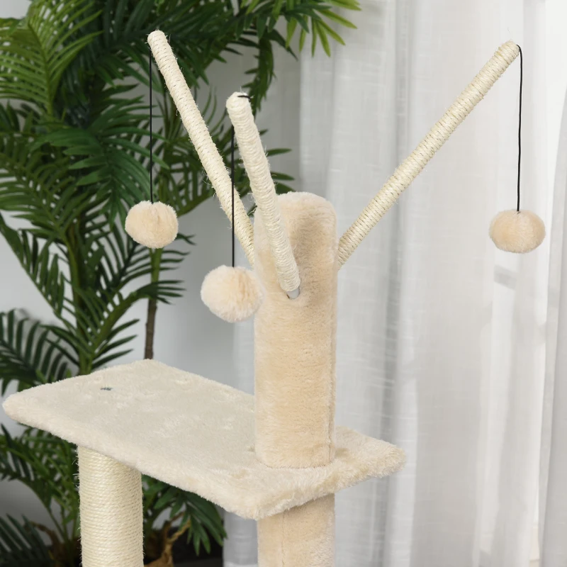 PawHut Arbre à Chat avec Griffoirs Centre d'Activités Tunnel Plateformes jeu de 3 boules suspendues beige
