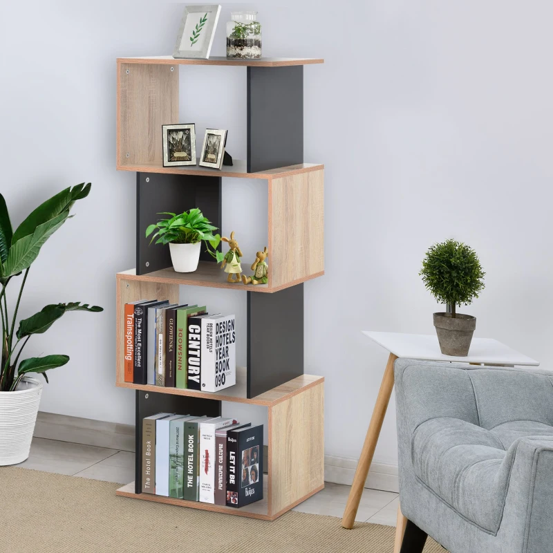 HOMCOM Bibliothèque étagère meuble de rangement design contemporain en S 4 étagères 60L x 30l x 136H cm chêne clair gris