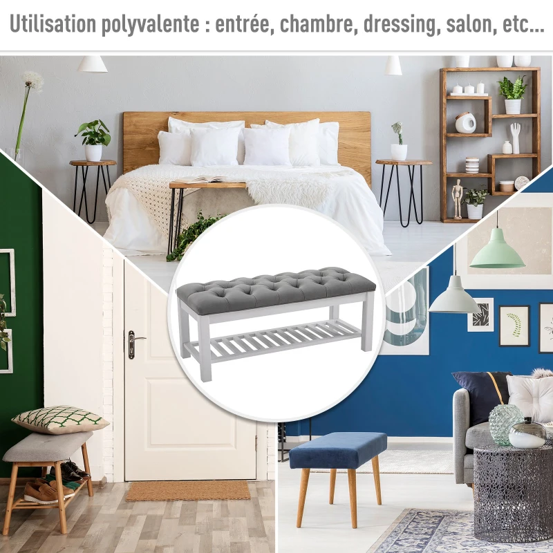 HOMCOM Banc banquette capitonnée style classique chic banc à chaussures dim. 108L x 45l x 46H cm bois massif caoutchouc blanc polyester gris