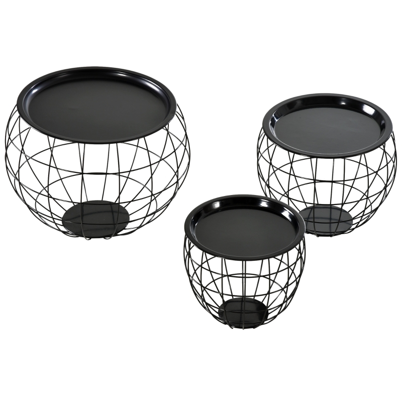 Lot de 3 tables basses gigognes tables d'appoint rondes encastrables style néo-rétro métal noir
