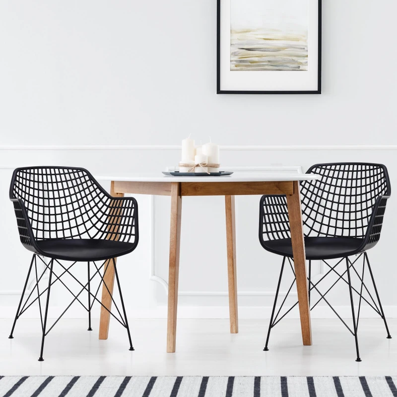 HOMCOM Lot de 2 chaises de salle à manger, chaise de cuisine, style néo-rétro, accoudoirs dossier ergonomiques, cadre PP, 4 pieds croisés métal, 57,5 x 53,5 x 86 cm, noir