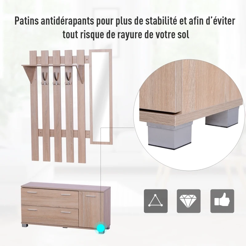 HOMCOM Ensemble de meubles d'entrée 3 pièces meuble chaussures, miroir et panneau porte-manteau panneaux particules chêne clair