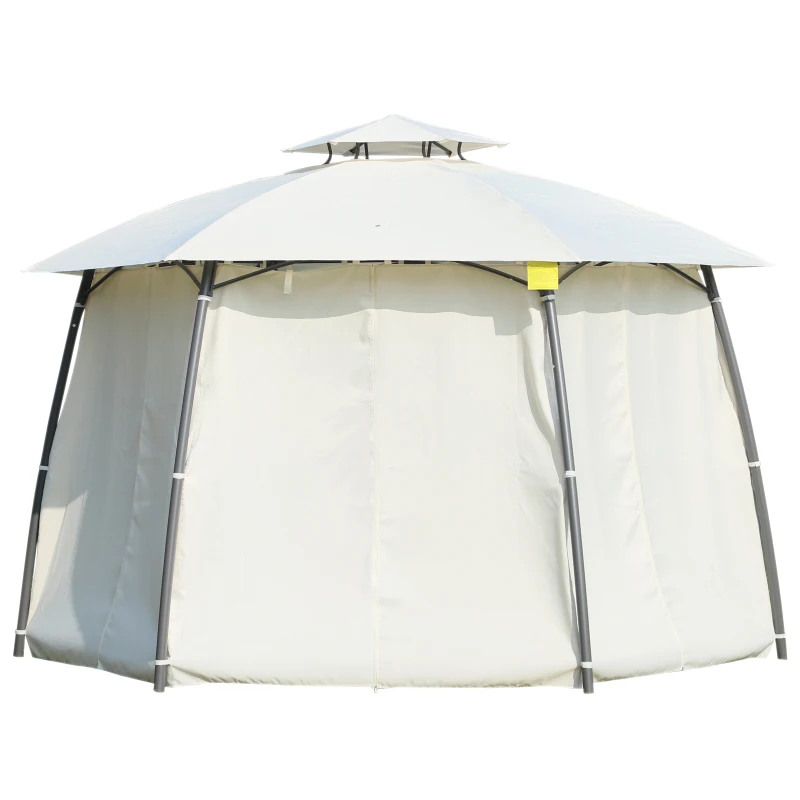 Outsunny Tonnelle pavillon de jardin rond style colonial dim. Ø 3,6L x 2,7H m double toit 6 rideaux latéraux polyester crème métal époxy gris