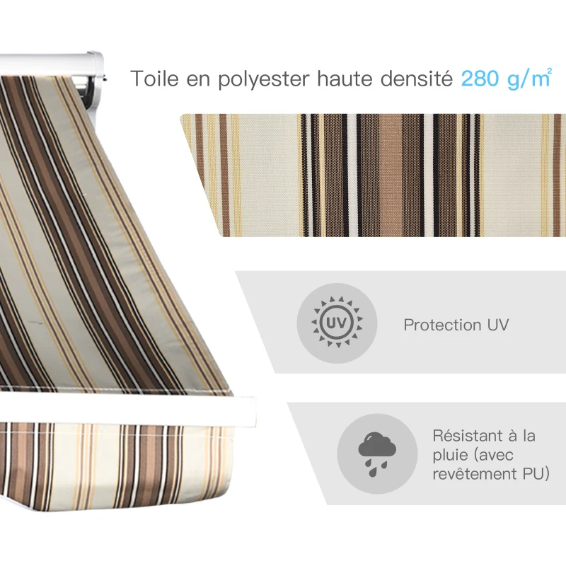 Outsunny Store banne électrique/Manuel rétractable Protection UV 50 + Aluminium Polyester imperméabilisé 2,45 x 2 (avancée) m télécommande fournie Marron Beige rayé