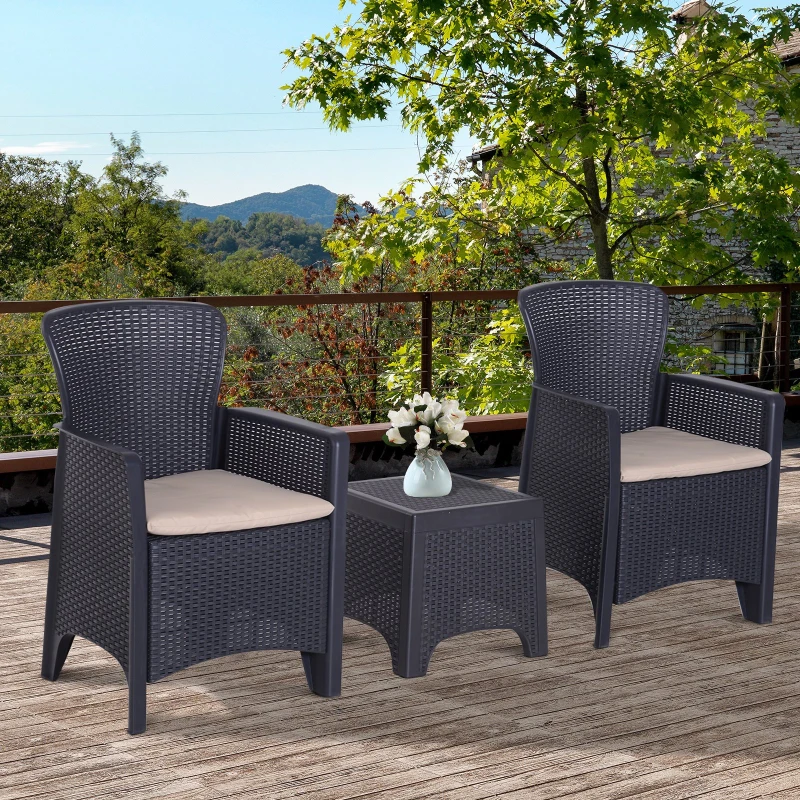 Outsunny Salon de jardin 2 pers. 3 pièces ensemble bistro style contemporain coussins grand confort inclus polyester beige résine tressée noir