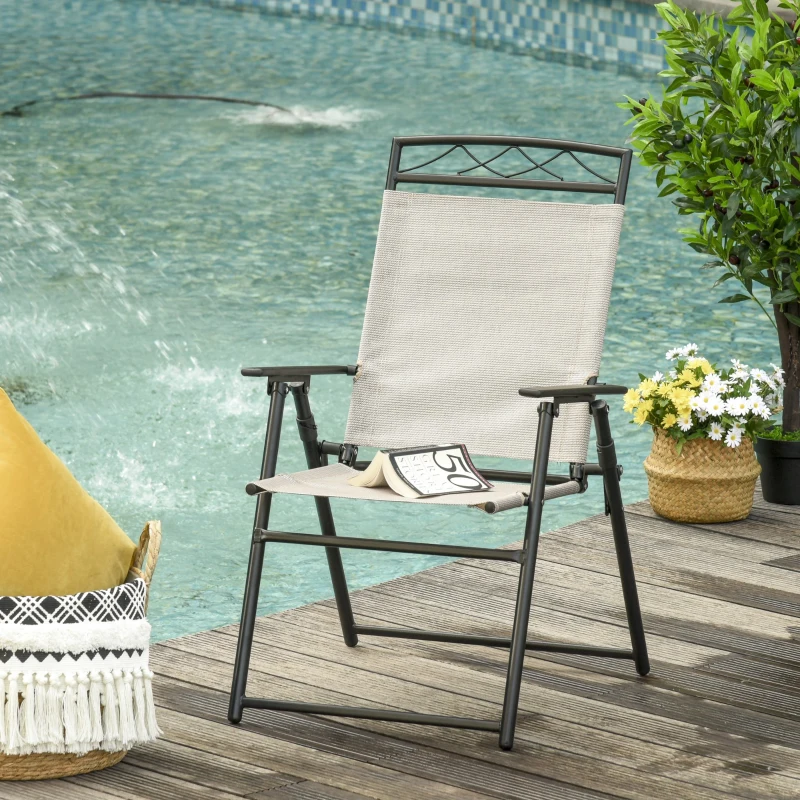 Outsunny Lot de 2 chaises de jardin pliantes avec accoudoirs métal noir textilène beige