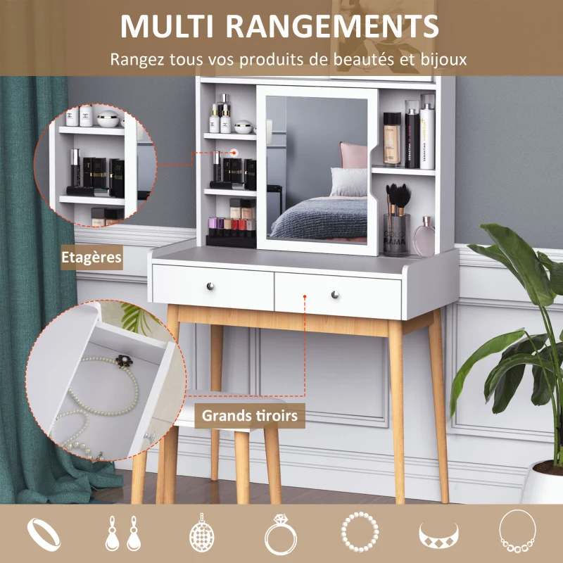 HOMCOM Coiffeuse Design scandinave Table de Maquillage Multi-rangements Miroir Coulissant Tabouret Blanc pin Clair