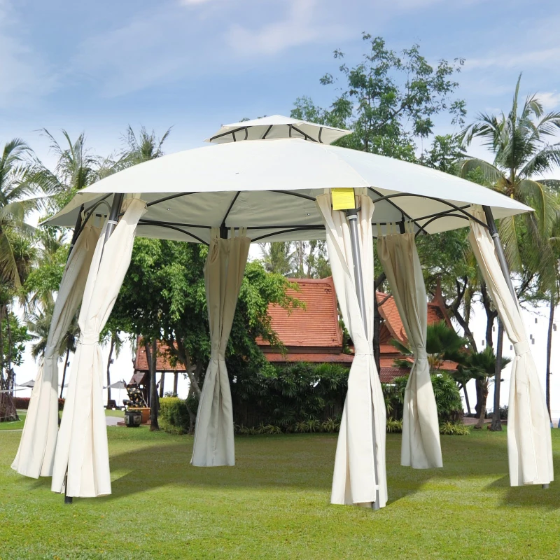 Outsunny Tonnelle pavillon de jardin rond style colonial dim. Ø 3,6L x 2,7H m double toit 6 rideaux latéraux polyester crème métal époxy gris
