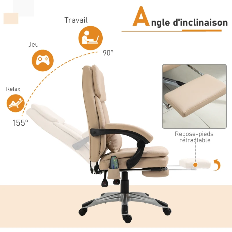 Fauteuil de bureau direction massant chauffant repose-pied intégré revêtement PU beige