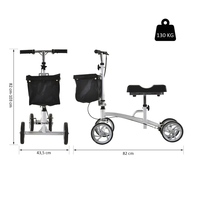 HOMCOM Déambulateur à roues - genou scooter - déambulateur avec pose-genou - guidon + pose-genou à hauteur réglable - panier rangement - freins - gris métal noir