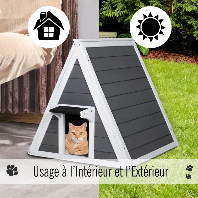 PawHut Maison pour chat design contemporain niche chat tipi dim. 60L x 60l x 62H cm bois massif pin gris blanc