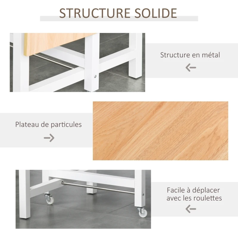 HOMCOM Table à manger 4 personnes avec rallonge 2 roulettes panneaux particules bois clair veinage blanc