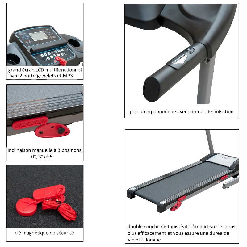 HOMCOM Tapis de course marche tapis roulant électrique pliable inclinable écran LCD avec MP3 1.75 chevaux gris noir