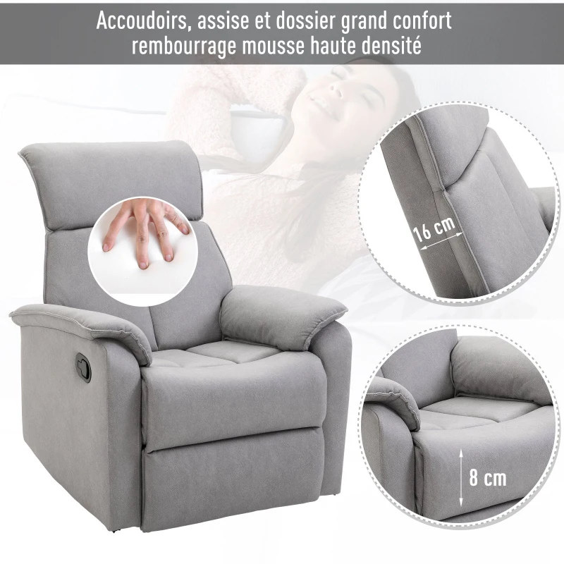 HOMCOM Fauteuil de relaxation grand confort pivotant 360° dossier inclinable repose-pied ajustable revêtement synthétique tissu gris clair