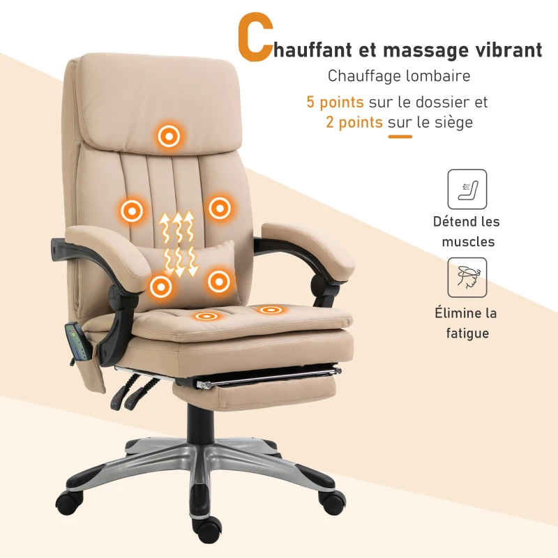 Fauteuil de bureau direction massant chauffant repose-pied intégré revêtement PU beige