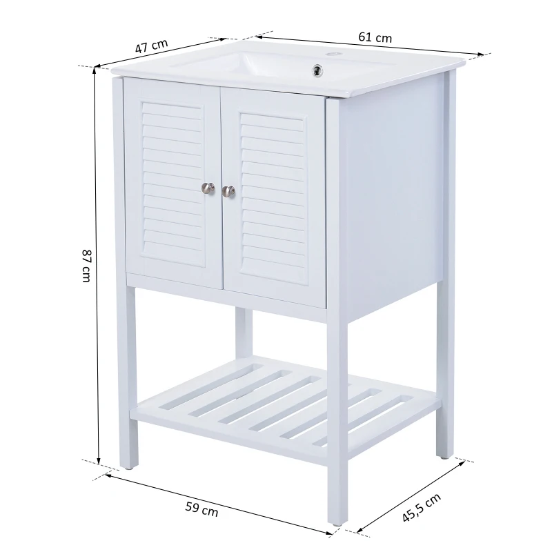 HOMCOM Meuble salle de bain - meuble sous-vasque - vasque incluse - placard 2 portes persiennes + étagère inférieure - dim. 61L x 47l x 87H cm - MDF céramique blanc