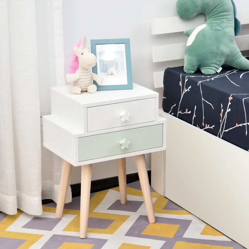 HOMCOM Lot de 2 chevets tables de nuit enfant design scandinave dim. 42L x 30l x 57H cm 2 tiroirs MDF blanc rose bois massif pin