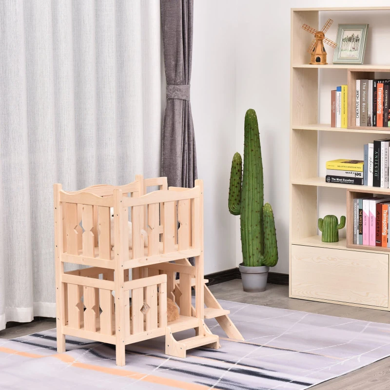 PawHut Maison lodge - niche avec terrasse et escalier pour chien chat - dim. 82L x 46l x 86H cm - bois massif de pin