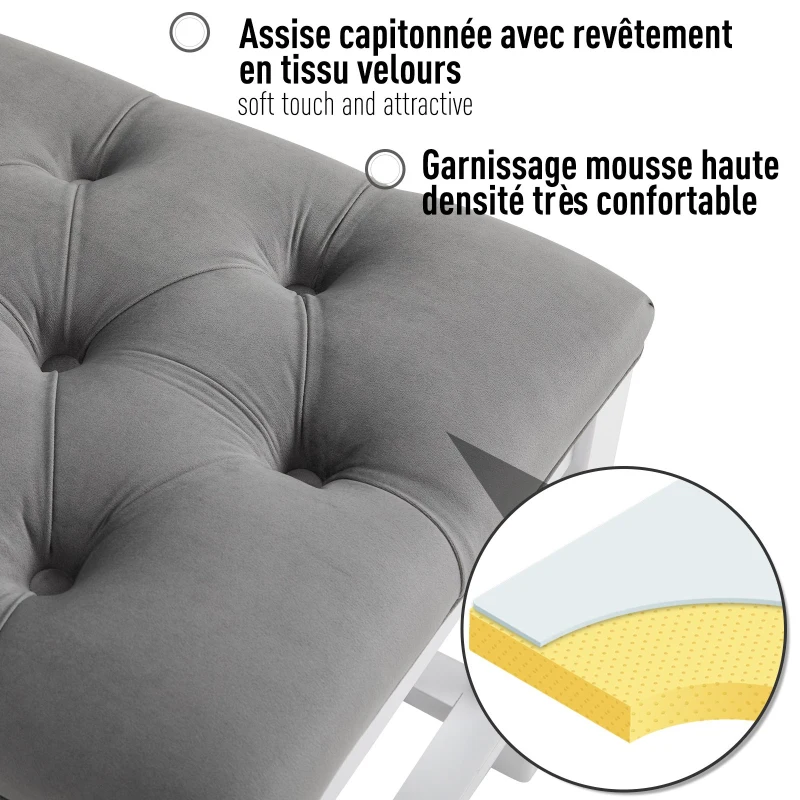 HOMCOM Banc banquette capitonnée style classique chic banc à chaussures dim. 108L x 45l x 46H cm bois massif caoutchouc blanc polyester gris