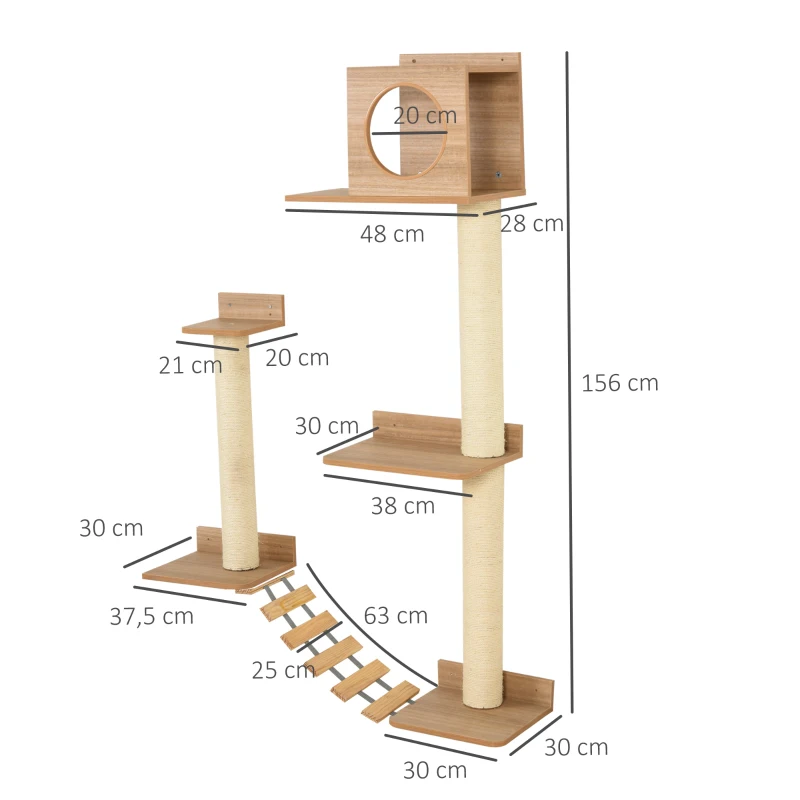 PawHut Mur d'escalade pour chat arbre à chat design mural griffoir sisal naturel passerelle plateformes bois pin marron beige