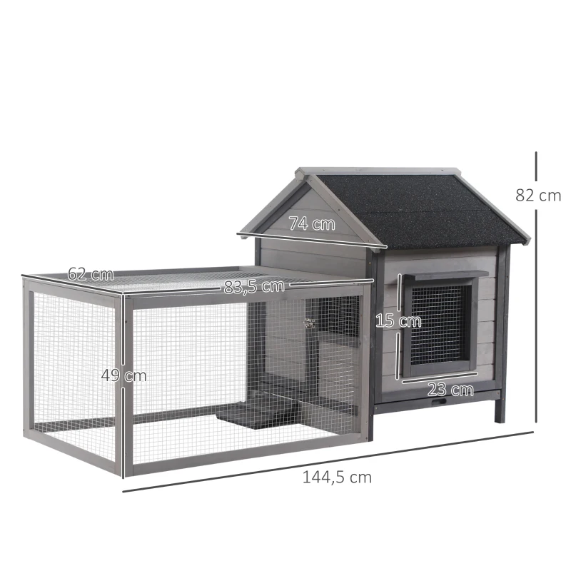 PawHut Clapier cage à lapin cottage - niche avec rampe, porte, fenêtres, plateau excrément amovible - toit enclos ouvrant - bois sapin gris