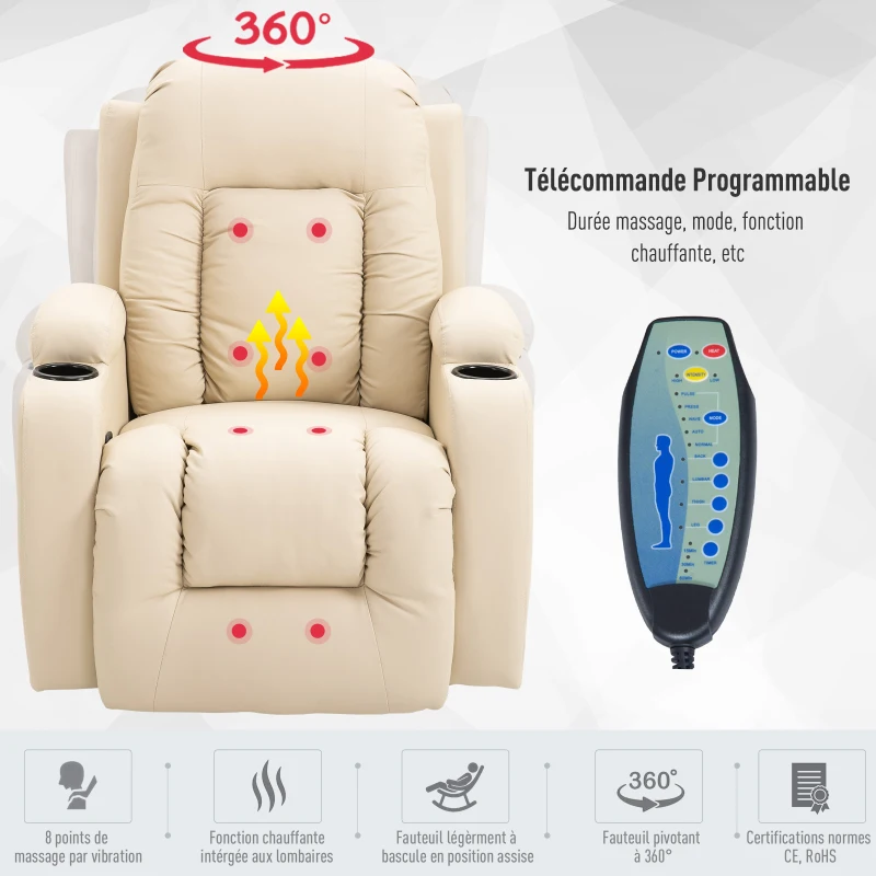 Homcom Fauteuil de massage et relaxation électrique chauffant inclinable repose-pied télécommande écru