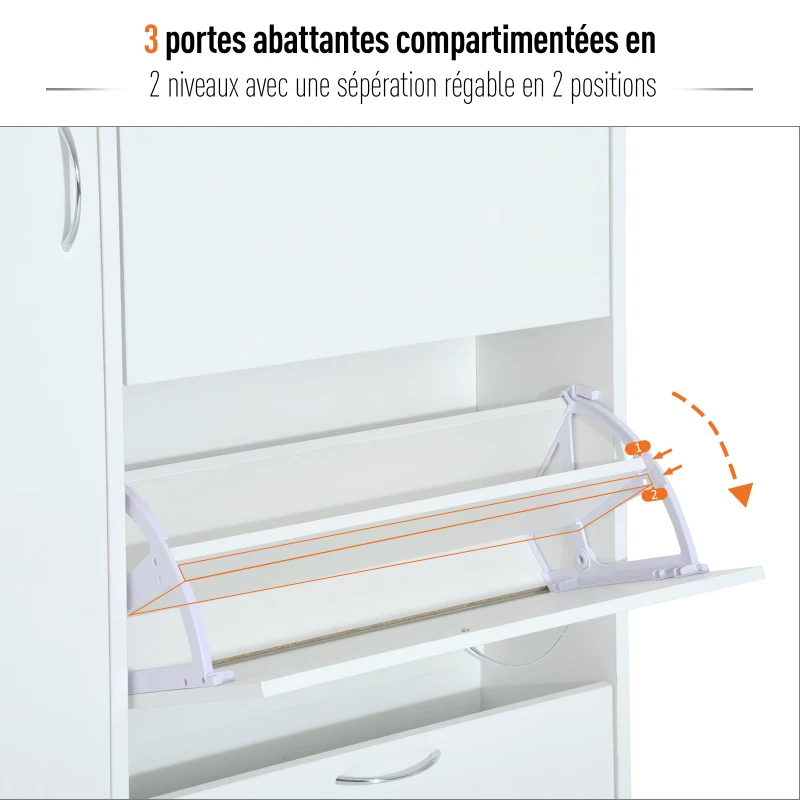 HOMCOM Armoire à chaussures organisateur pour chaussures 3 portes abattantes 2 compartiments + placard porte panneaux particules blanc