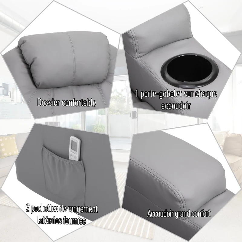HOMCOM Fauteuil Luxe de Relaxation et Massage Chauffant Inclinaison Dossier Repose-Pied électrique revêtement synthétique Gris