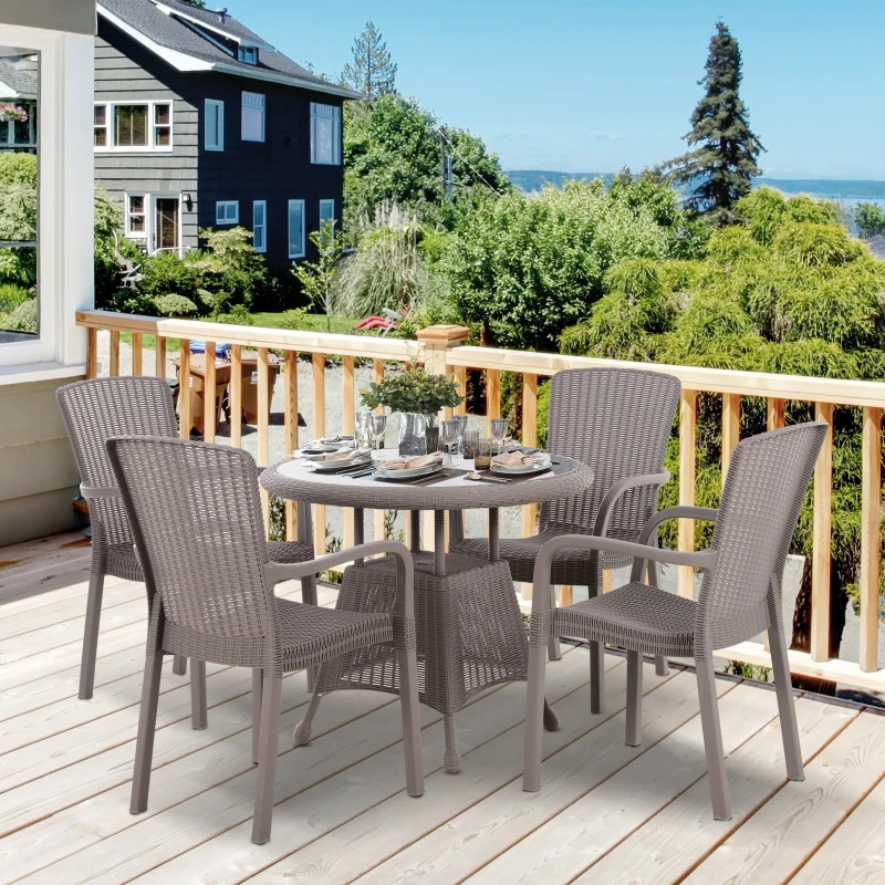 Outsunny Ensemble de jardin 4 pers. ensemble bistro style cosy table plateau verre trempé 4 fauteuils polypropylène imitation rotin gris