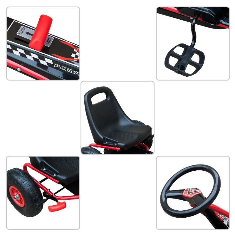 HOMCOM Vélo et véhicule pour Enfants Kart à pédales siège réglable, Roues gonflables et Frein à Main Acier Plastique Rouge et Noir