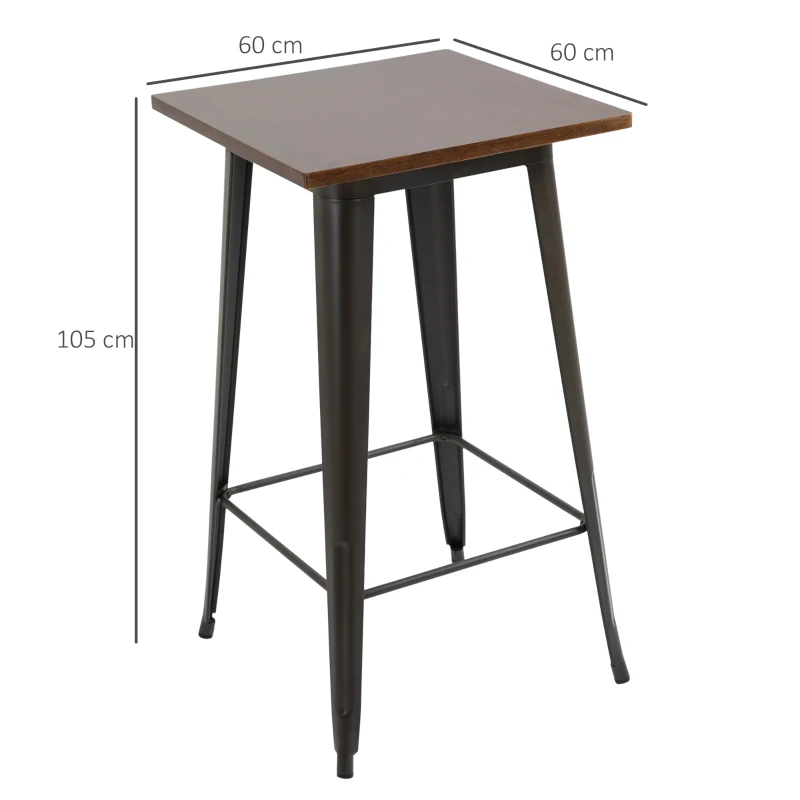 HOMCOM Table de bar carrée design industriel - repose-pied intégré - dim. 60 x 60 x 105 cm - métal noir panneaux multicouches imitation bois chêne foncé