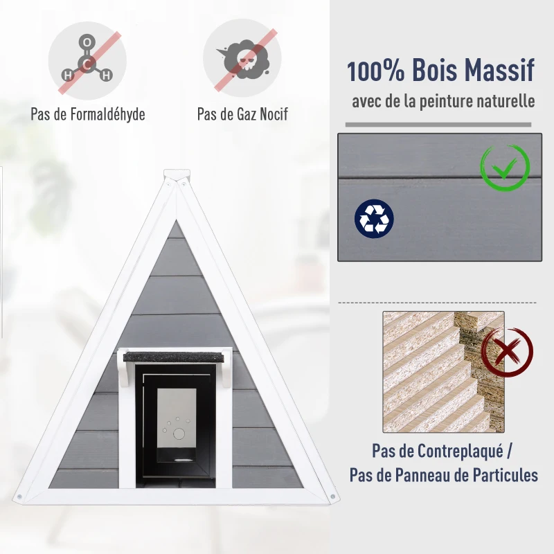 PawHut Maison pour chat design contemporain niche chat tipi dim. 60L x 60l x 62H cm bois massif pin gris blanc