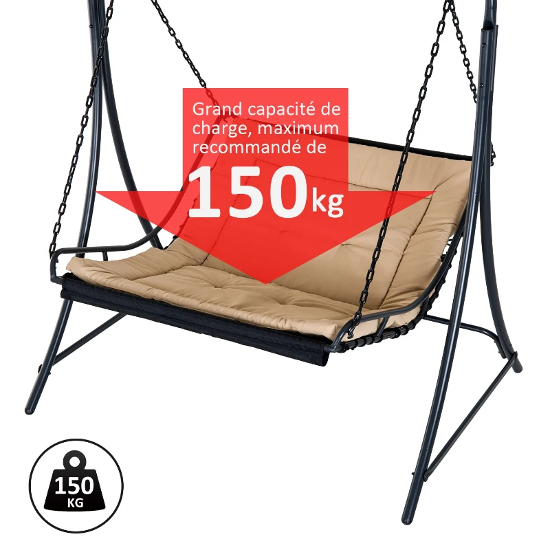 Outsunny Balancelle hamac de jardin 2 places grand confort inclinaison toit réglable 1,6L x 1,17l x 1,73H m métal époxy noir polyester beige