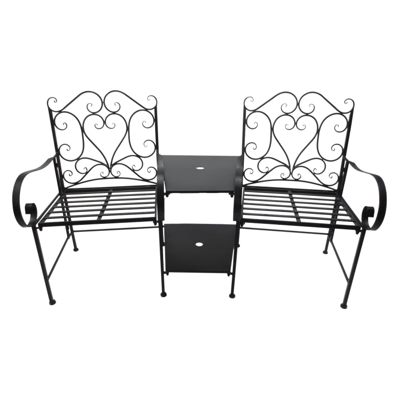 Outsunny Salon de jardin 2 pers. 3 pièces ensemble bistro style fer forgé 2 fauteuils + table basse insert parasol métal époxy anticorrosion noir