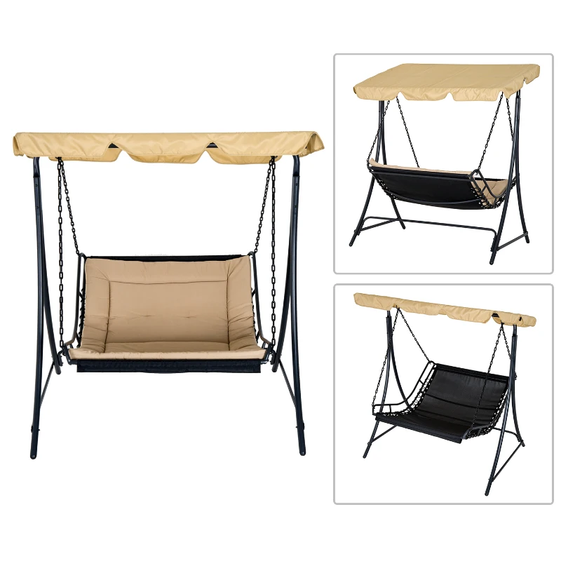 Outsunny Balancelle hamac de jardin 2 places grand confort inclinaison toit réglable 1,6L x 1,17l x 1,73H m métal époxy noir polyester beige