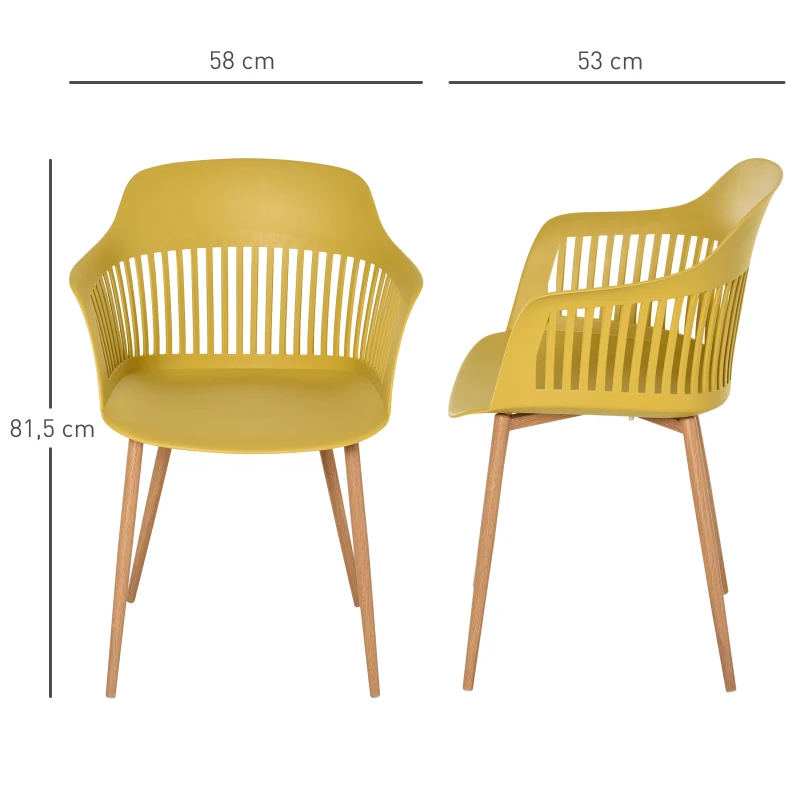 Lot de 2 chaises style néo-rétro accoudoirs coque polypropylène 4 pieds effilés métal imitation bois