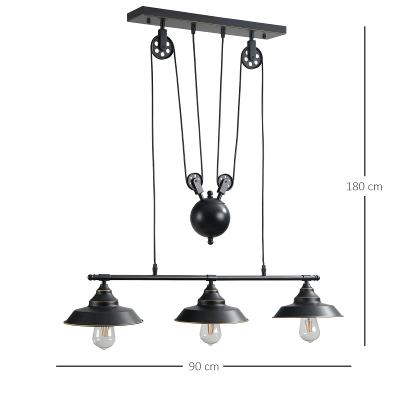 HOMCOM Lustre suspension style industriel 3 lampes 40 W 230 V hauteur réglable avec poulies dim. 90L x 22l x 89-180H cm métal noir doré