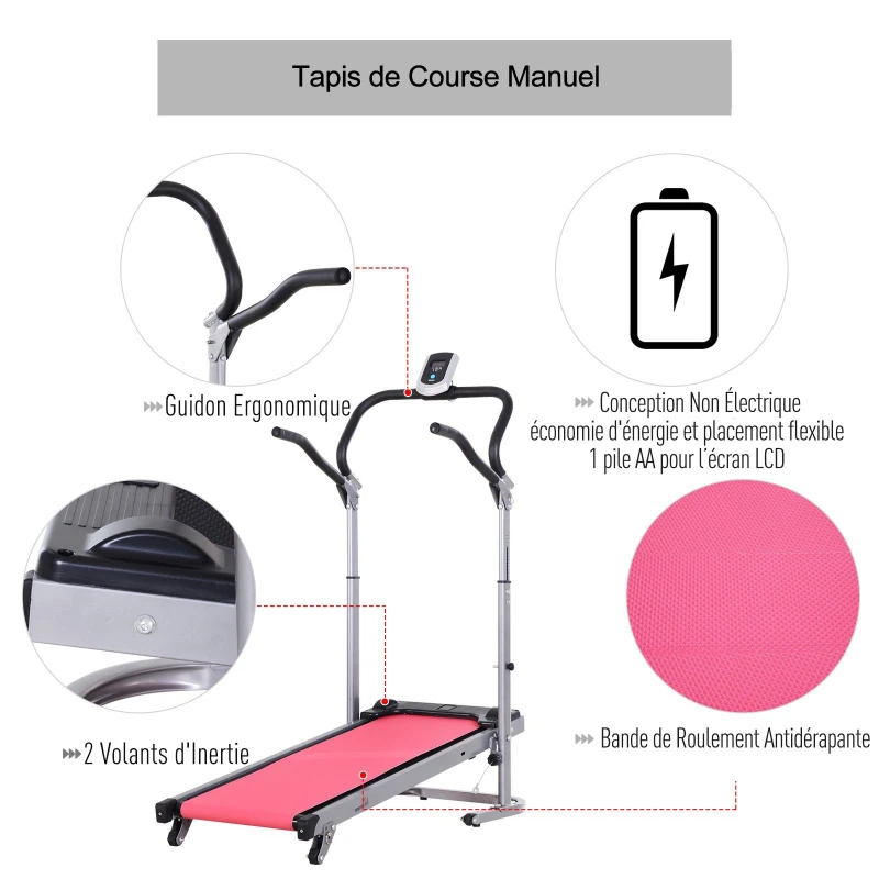 Homcom Tapis de course manuel pliable écran LCD multifonction 3 modes d'inclinaisons hauteur guidon réglable acier gris rouge