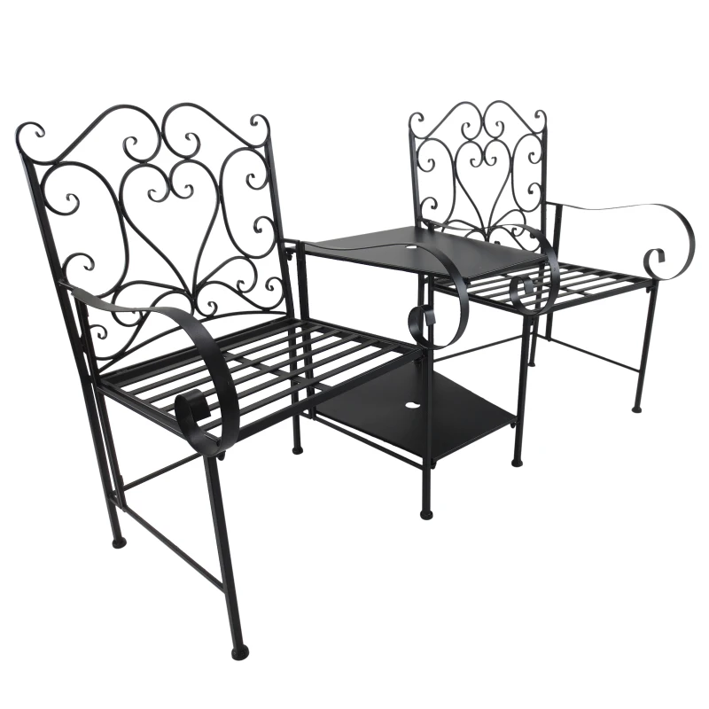 Outsunny Salon de jardin 2 pers. 3 pièces ensemble bistro style fer forgé 2 fauteuils + table basse insert parasol métal époxy anticorrosion noir