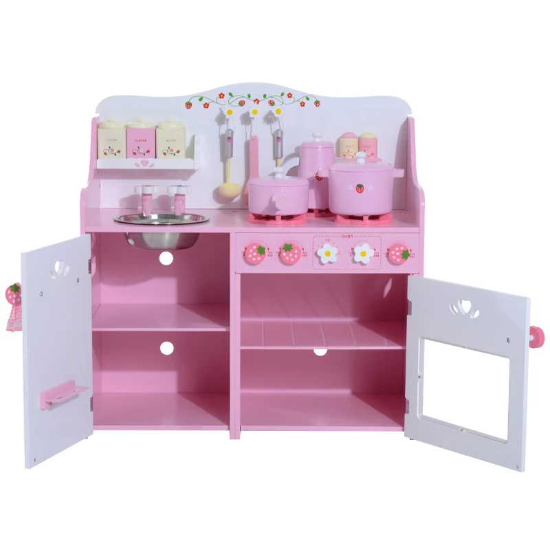 HOMCOM Cuisine pour enfants en bois jeu jouet d'imitation grand réalisme 60L x 30l x 62H cm multi-équipement 12 accessoires rose
