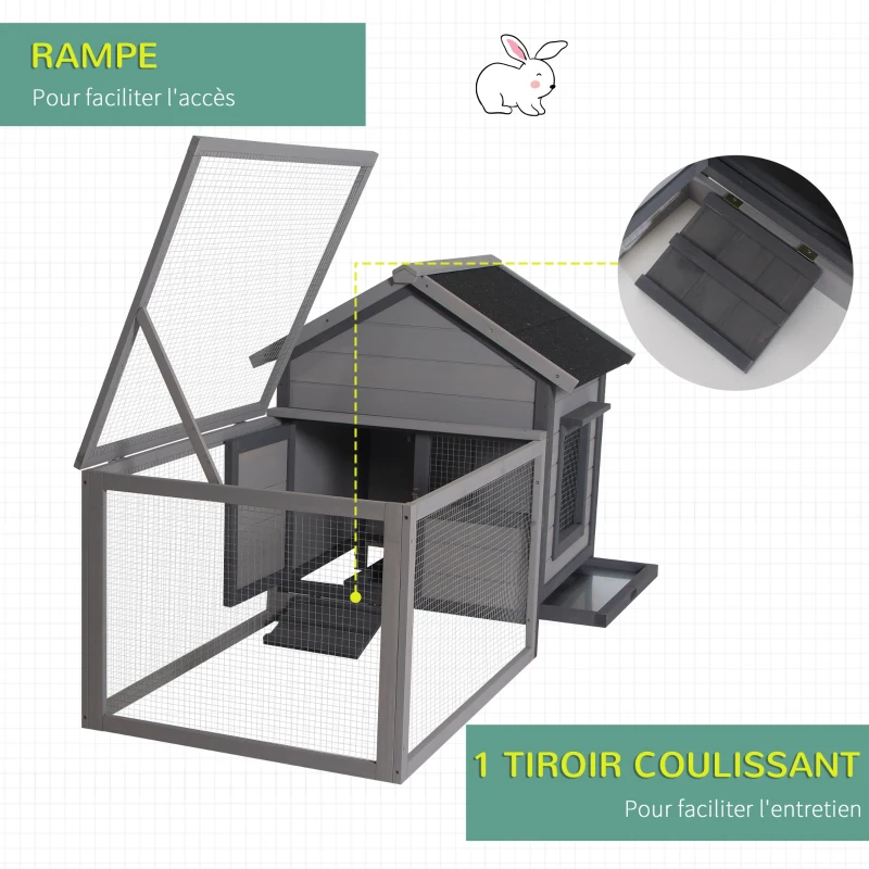 PawHut Clapier cage à lapin cottage - niche avec rampe, porte, fenêtres, plateau excrément amovible - toit enclos ouvrant - bois sapin gris