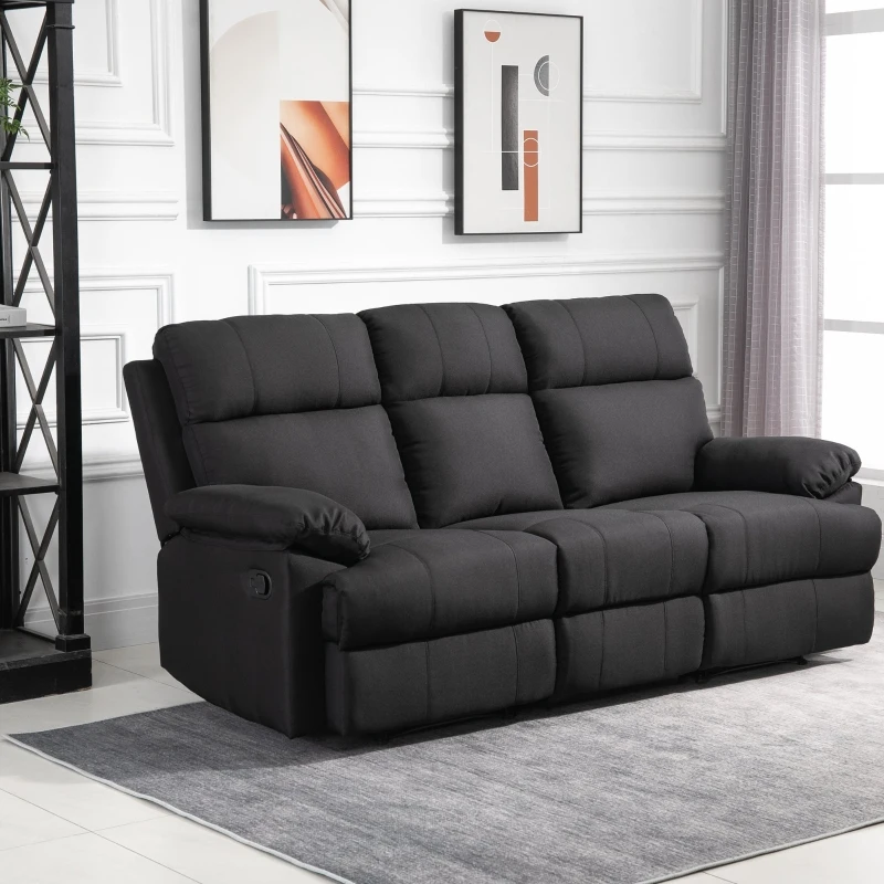 HOMCOM Canapé de relaxation 3 places avec 2 relax manuels tissu lin noir dim. 185L x 94l x 98H cm