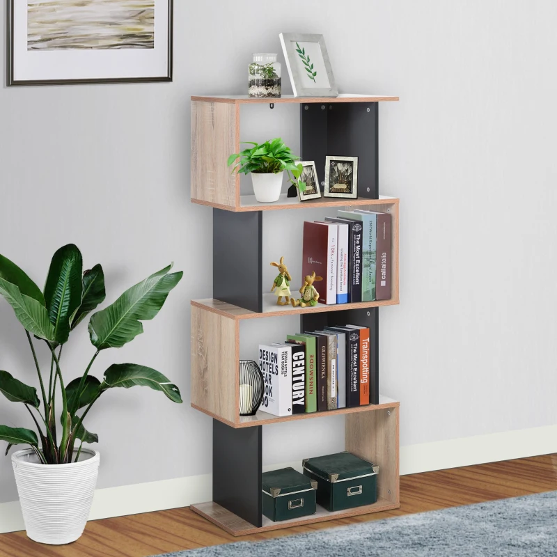 HOMCOM Bibliothèque étagère meuble de rangement design contemporain en S 4 étagères 60L x 30l x 136H cm chêne clair gris