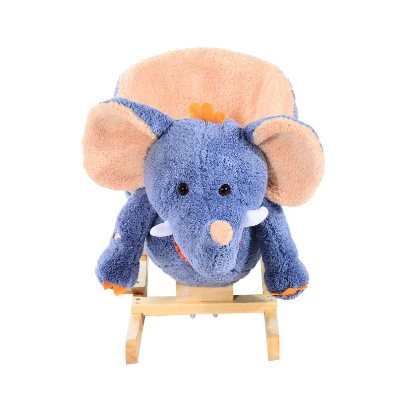 HOMCOM Cheval Eléphant Animal à Bascule Musical Ceinture de Sécurité en Bois et Court Peluche Bleu
