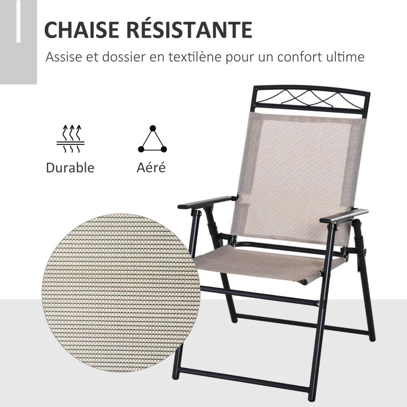 Outsunny Lot de 2 chaises de jardin pliantes avec accoudoirs métal noir textilène beige