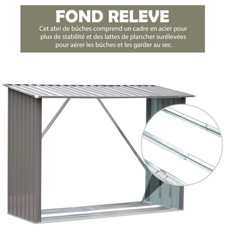 HOMCOM Stockage de bûches abri à bûches extérieur 217L x 89l x 142H cm surface sol 1,53 m² toit incliné acier galvanisé gris