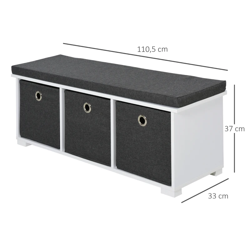 HOMCOM Banc de rangement à chaussures meuble d'entrée avec coussin rembourré 3 tiroirs en tissu gris foncé dim. 110,5L x 33l x 37H cm